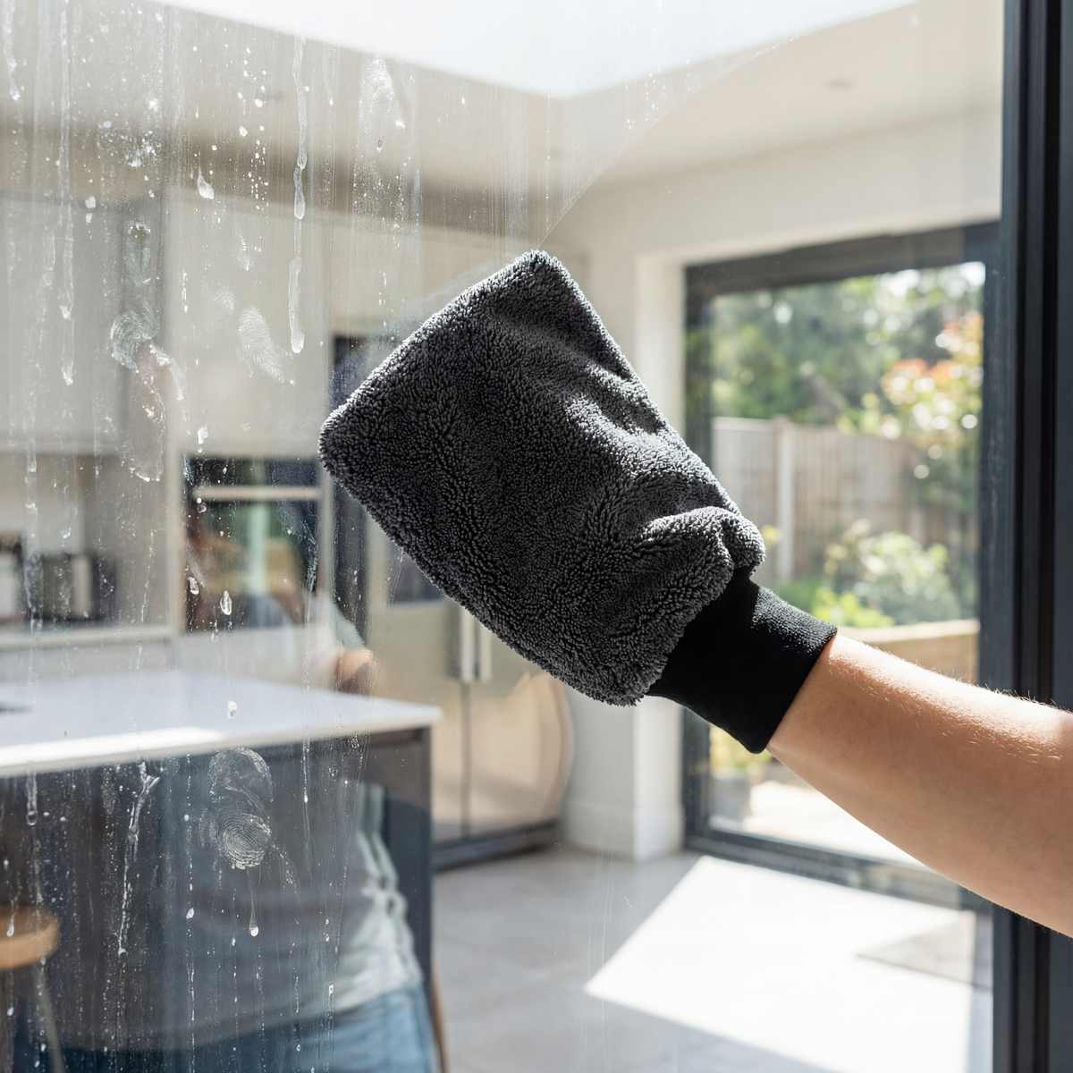 WaterJake Trocken-Handschuh an Fensterscheibe – ein Wisch, kein Streifen